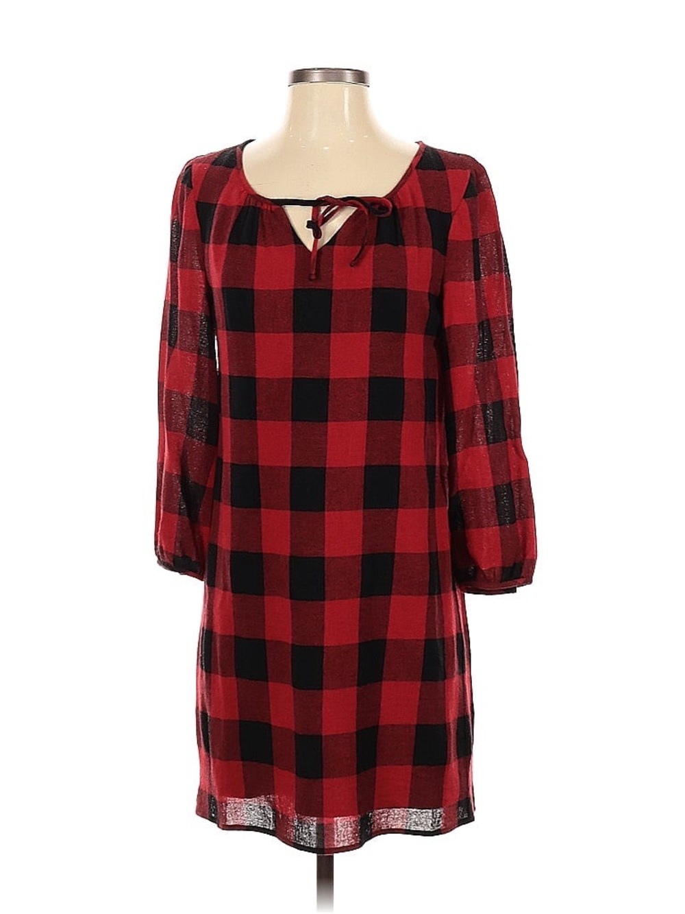 Madewell Red and Black Plaid Tie-Neck Long Sleeve Dress